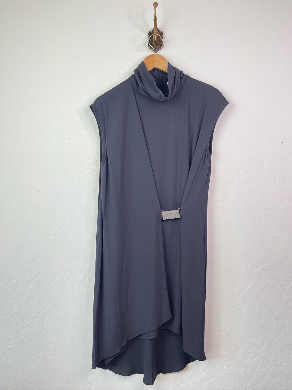 Brunello Cucinelli Draped Silk Mockneck Gray Cap Sleeve Monili Tunic Mini Dress - Picture 3 of 16